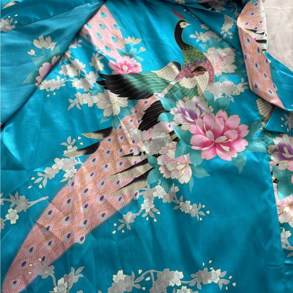 Applesauce teal blue satin peacock floral silk-like belted robe, one size boho - Picture 13 of 16